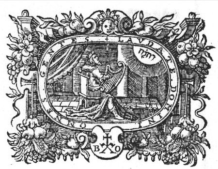 David, crowned and enthroned, as psalmist with a harp, his sceptre on the ground; Jahweh-tetragram; frame decorated with festoons and mascaron; 'Hausmarke' and initials "B.O."