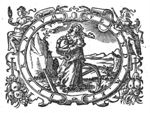 Woman (Hope?) with scarf on her head holds a snake, inscribed BAHK(?) in front of her; she is standing over an anchor; a landscape with hills, the sun is shining; frame decorated with a woman looking in a mirror (Prudence) and a woman holding a sword and a pair of scales (Justice)