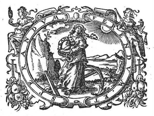 Woman (Hope?) with scarf on her head holds a snake, inscribed BAHK(?) in front of her; she is standing over an anchor; a landscape with hills, the sun is shining; frame decorated with a woman looking in a mirror (Prudence) and a woman holding a sword and a pair of scales (Justice)