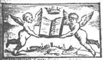 Two cupids floating in the air over a hilly landscape, carrying an open book with a crown above it