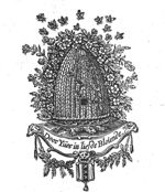 Bee-hive overgrown by a flowering sweet-brier (eglantine), encircled by a swarm of bees; the hive rests on a turtle (allusion to Samuel Coster) which is carried by an ornamental support from which a garland is hanging; coat of arms of Amsterdam