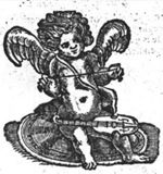 Putto with violin on his knee, holding a string in his hands, seated on a shield