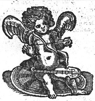 Putto with violin on his knee, holding a string in his hands, seated on a shield