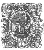 John the Baptist preaching; a large group of attendants; two men seated in front, perhaps shepherds; one of them seems to be holding a shepherd's crook; elaborate frame decorated with festoons and naked angels holding palm-branches; 'Hausmarke' and monogram "M.A.R.C.V.S."(?)