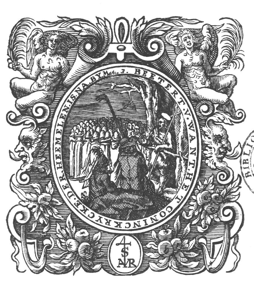 John the Baptist preaching; a large group of attendants; two men seated in front, perhaps shepherds; one of them seems to be holding a shepherd's crook; elaborate frame decorated with festoons and naked angels holding palm-branches; 'Hausmarke' and monogram "M.A.R.C.V.S."(?)