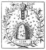 A bee-hive with a swarm of bees; two flowering sweet-briers (eglantine) to the sides; frame of olive-branches; coat of arms of Amsterdam with a crown on top; banderole with inscription