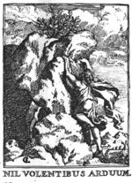 A man (in flight) climbing a rock; a hilly landscape in the distance