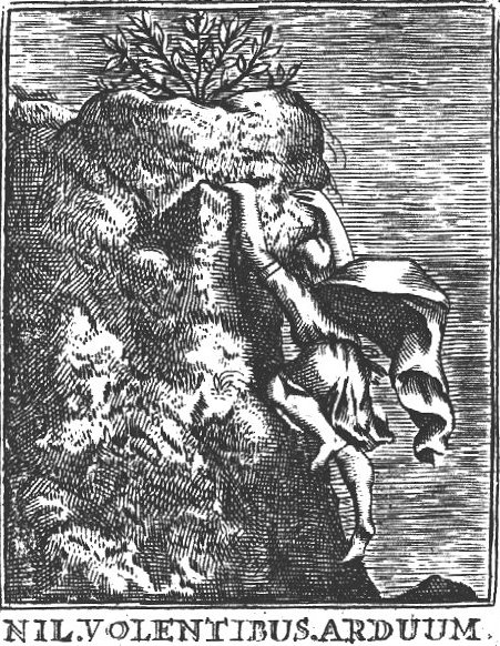 A man (in flight) climbing a rock