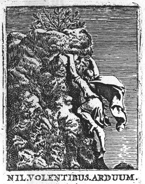 A man (in flight) climbing a rock
