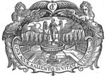 Grace standing in a garden-fountain, milk pouring from her breasts; frame decorated with hybrid beings of mixed human and animal shape; monogram "C.F."
