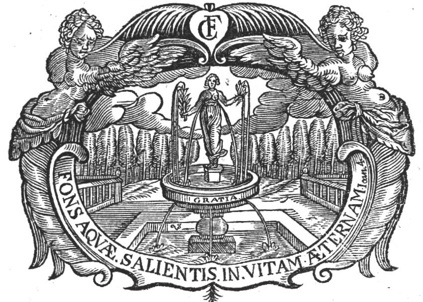 Grace standing in a garden-fountain, milk pouring from her breasts; frame decorated with hybrid beings of mixed human and animal shape; monogram "C.F."