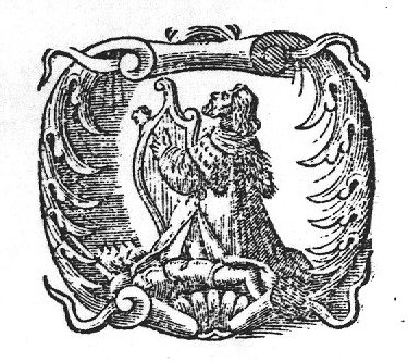 David playing harp, sceptre and crown on the floor in front of him; decorated frame