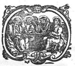 The four evangelists together, writing, the four symbols present; decorated frame with cherub