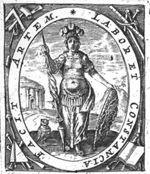 Minerva (Aegis, lance, helmet, owl) in a landscape with a temple with cupola and Pegasus on Mount Helicon; frame decorated with the attributes of various arts