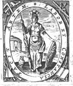 Minerva (Aegis, lance, helmet, owl) in a landscape with a temple with cupola and Pegasus on Mount Helicon; frame decorated with the attributes of various arts
