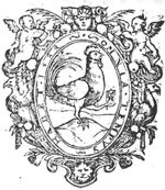 A cock (Dutch: 'haan') on a low hill (cf. Dutch: 'berg'), holding an hourglass in its claw, symbolizing 'there is a time for everything ("Ecclesiasticus 3:1")'; frame decorated with putti and birds