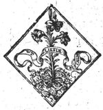 Lily and thorny shrubs in a rhomboid frame; banderole with inscription