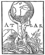 Atlas carrying a globe; banderole with inscription