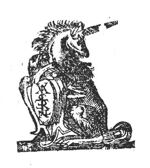 Unicorn holding coat of arms with 'Hausmarke'/monogram, possibly with letters "V.A.S.T.R.E.N.L."