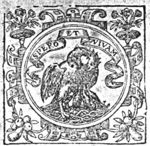 Pelican feeding its young with its own blood; frame decorated with branches and vases; banderole with inscription