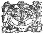 Caduceus and crossed cornucopiae, one with fruit, the other one with books and compasses; frame decorated with birds and books