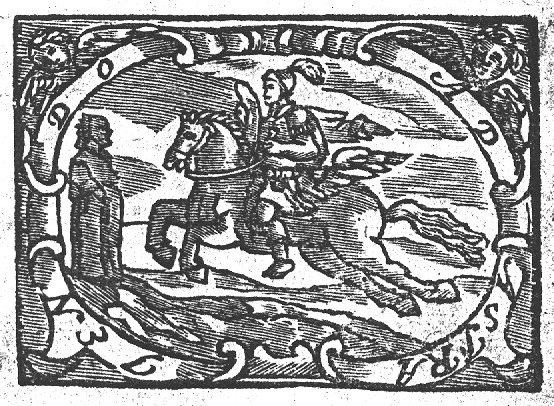 A horseman (Dutch: 'ruiter') on a jumping winged horse, faced by Janus; frame decorated with cherubs (heads with wings)
