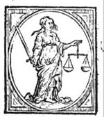 Woman with sword and scales (Justice); simple decorated frame