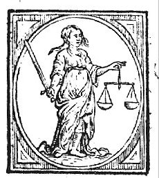 Woman with sword and scales (Justice); simple decorated frame