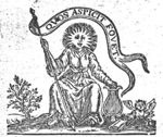 A woman mixing characteristics and attributes of Minerva and Apollo: her face is represented as the sun, she is holding a lyre with one hand, and a lance with inscribed banderole in the other; an owl and a book on the ground, olive-tree in the background