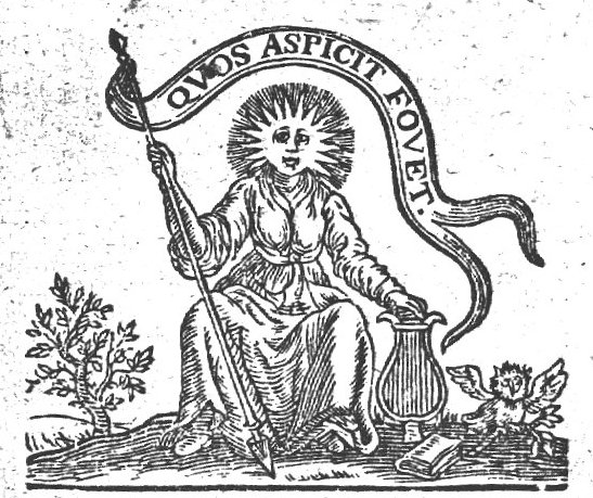 A woman mixing characteristics and attributes of Minerva and Apollo: her face is represented as the sun, she is holding a lyre with one hand, and a lance with inscribed banderole in the other; an owl and a book on the ground, olive-tree in the background