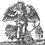The archangel Michael holding a sword and a pair of scales; in one of the scales: the Christ-child, in the other one a soul carrying a stone on its head; a second stone is tied to this scale, yet the scale with Christ hangs lower