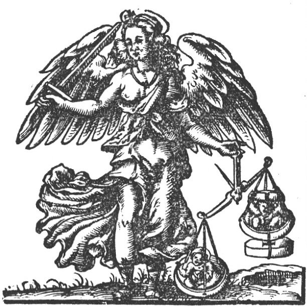 The archangel Michael holding a sword and a pair of scales; in one of the scales: the Christ-child, in the other one a soul carrying a stone on its head; a second stone is tied to this scale, yet the scale with Christ hangs lower
