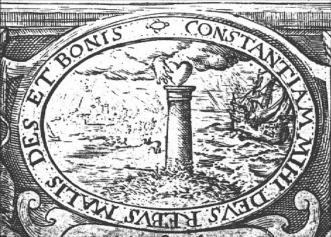 The hand of God puts a heart on a pillar (Constancy), storm threatening a sailing-ship at sea; a sunny meadow with sheep(?)
