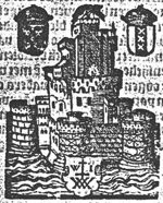 Castel Sant'Angelo (Dutch: 'Engelenburcht'); coat of arms with 'Hausmarke' and initials "W.I."; coat of arms with double-headed eagle, coat of arms of Amsterdam