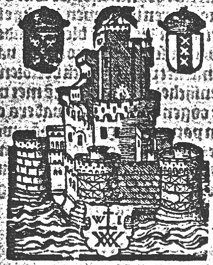 Castel Sant'Angelo (Dutch: 'Engelenburcht'); coat of arms with 'Hausmarke' and initials "W.I."; coat of arms with double-headed eagle, coat of arms of Amsterdam