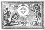 St. Constantine on his knees sees a cross in the sky with a banderole inscribed 'in hoc signo vinces'; a angel floating in the air, soldiers and a military camp in the background; frame as if of a painting