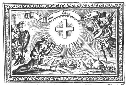 St. Constantine on his knees sees a cross in the sky with a banderole inscribed 'in hoc signo vinces'; a angel floating in the air, soldiers and a military camp in the background; frame as if of a painting