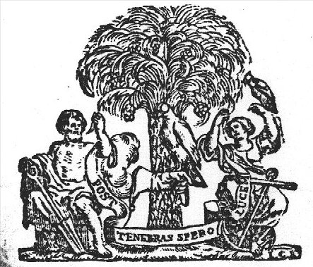 A palm-tree with a falcon on a fist in front of it; a man on one side of the tree, holding a spade and pulling a leaf from the tree(?); a woman on the other side with a bird (also a falcon?) on her arm and also pulling a leaf from the tree; her foot rests on an anchor (Hope); banderole with inscription