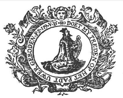 David as king and psalmist, kneeling on both knees, playing harp; frame decorated with flowers and cherub