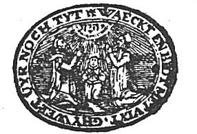 A family (father, mother, child) kneeling in prayer below a Jahweh-tetragram