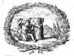 Cupid working as a sculptor, hitting a chisel with a mallet; mountainous landscape; a laurel(?) wreath with inscribed banderole as frame