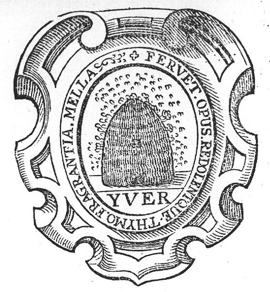 A beehive encircled by a swarm of bees; decorated frame