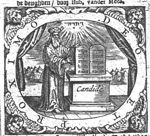 Aaron as high priest holding the tables of the Law, resting on an altar, Jahweh-tetragram above; a tent-camp in the background; frame decorated with cherubs