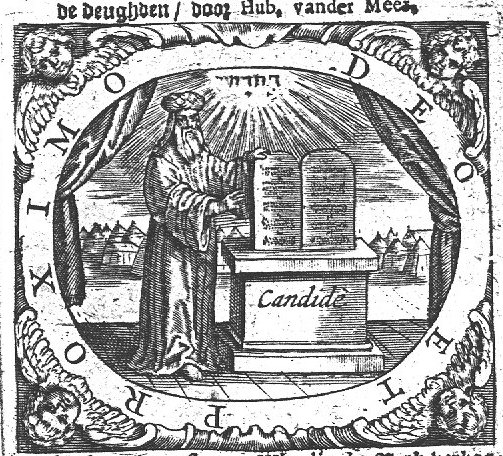 Aaron as high priest holding the tables of the Law, resting on an altar, Jahweh-tetragram above; a tent-camp in the background; frame decorated with cherubs