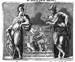 A sitting man (scientist) in a study reading; Mercury (Caduceus, Petasus) and Minerva (Aegis, lance, helmet)
