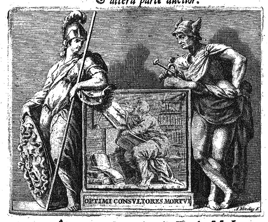 A sitting man (scientist) in a study reading; Mercury (Caduceus, Petasus) and Minerva (Aegis, lance, helmet)