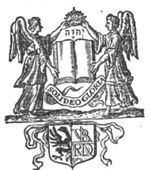 Two angels holding an open book and a crown, a Jahweh-tetragram; a banderole with inscription; coat of arms with eagle and initials "R.D.V.B."