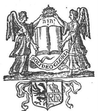 Two angels holding an open book and a crown, a Jahweh-tetragram; a banderole with inscription; coat of arms with eagle and initials "R.D.V.B."