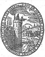 A guard (Dutch: 'wachter') is watching the surrounding landscape from the tower of a castle; two soldiers walking in front of the building, Jahweh-tetragram in the sky