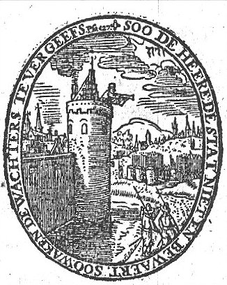 A guard (Dutch: 'wachter') is watching the surrounding landscape from the tower of a castle; two soldiers walking in front of the building, Jahweh-tetragram in the sky